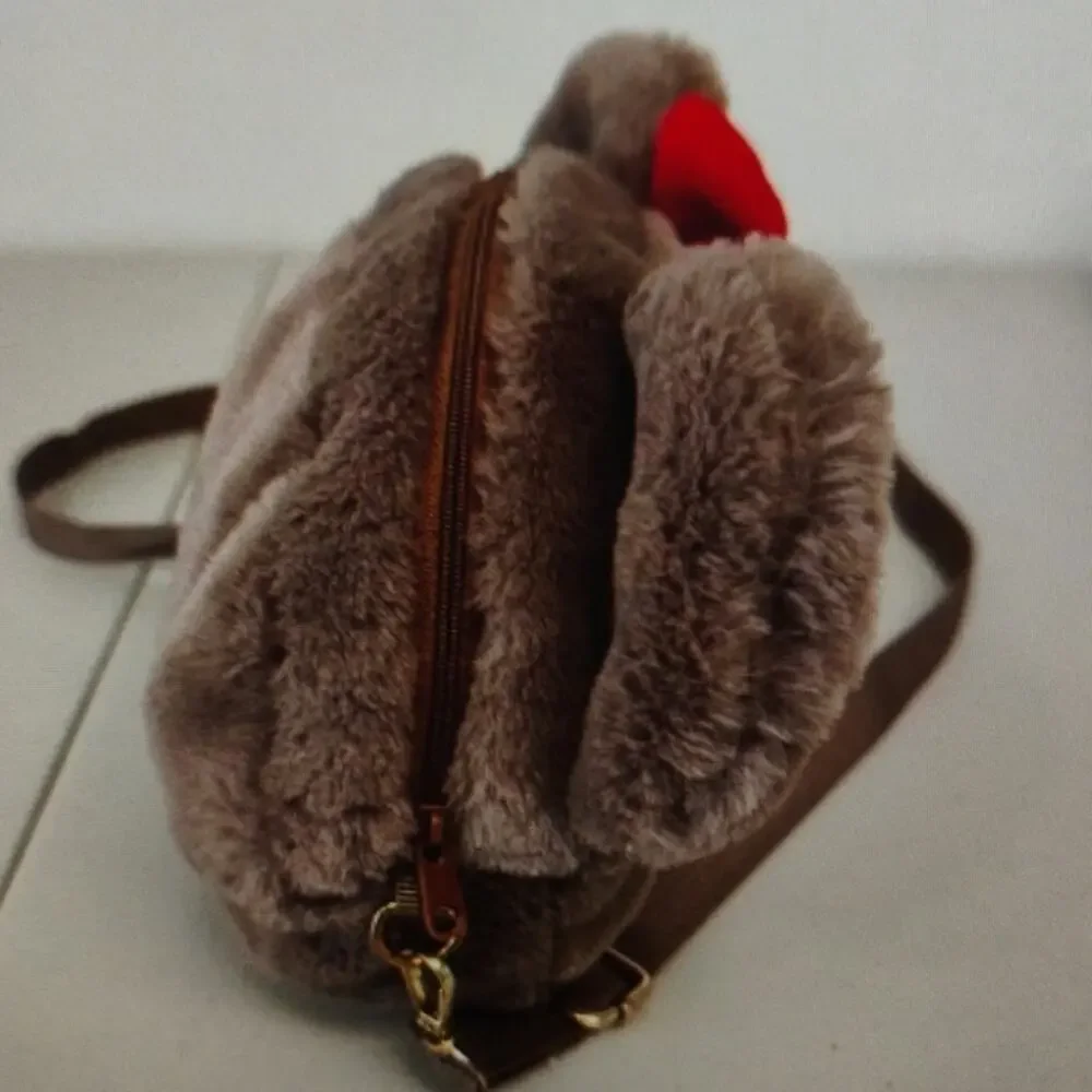 Hello Kitty Plush Faux Fur Crossbody Bag – Brown with Red Bow